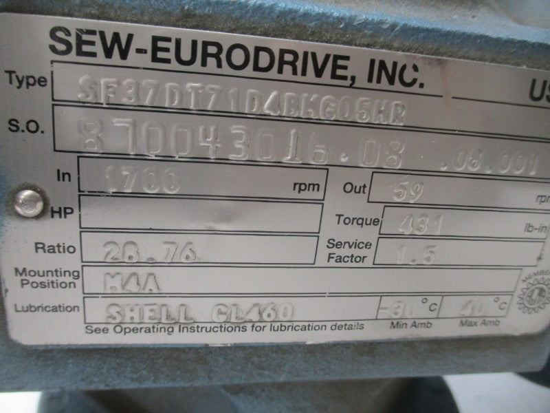 SEW-EURODRIVE SF37DT71D4BMG05HR 266/460V 1.73/1.00A UNMP