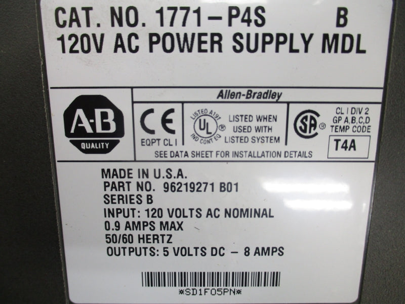 ALLEN BRADLEY 1771-P4S SER. B 120VAC 0.9A REV. B01 NSMP
