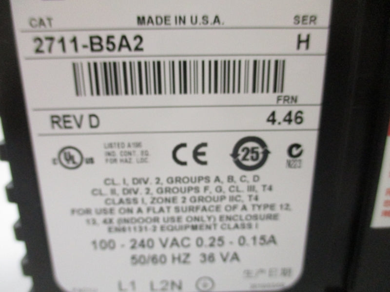 ALLEN BRADLEY 2711-B5A2 SER. H F/W 4.46 100-204VAC .25A-.15A REV. D REMAN