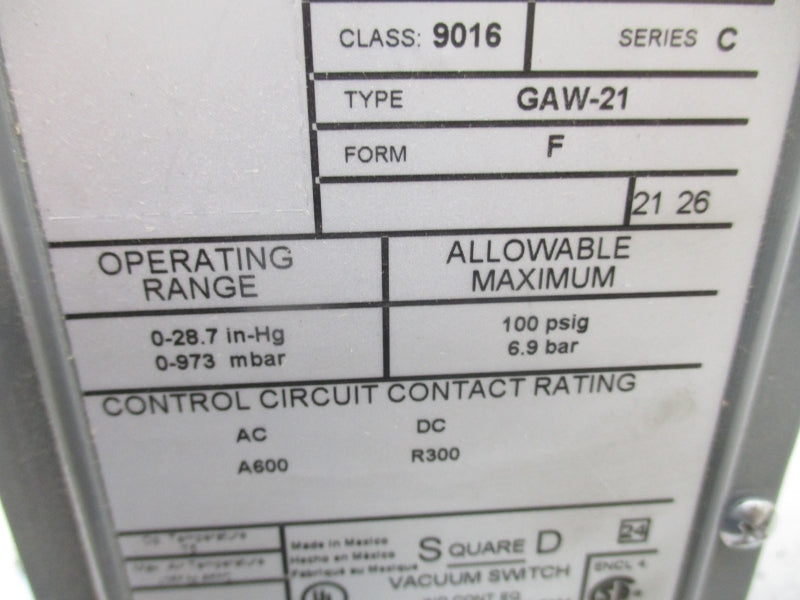 SQUARE D 9016GAW-21F SER. C 100PSI NSMP