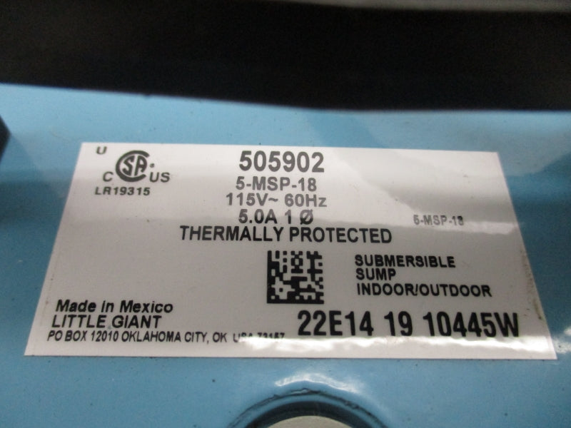 LITTLE GIANT 505902 MSP-18 115V 5.0A NSMP