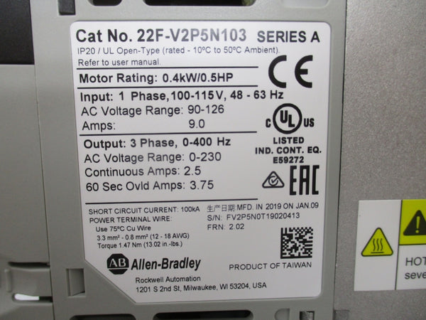 ALLEN BRADLEY 22F-V2P5N103 SER. A F/W 2.02 110-115VAC 9A NSMP