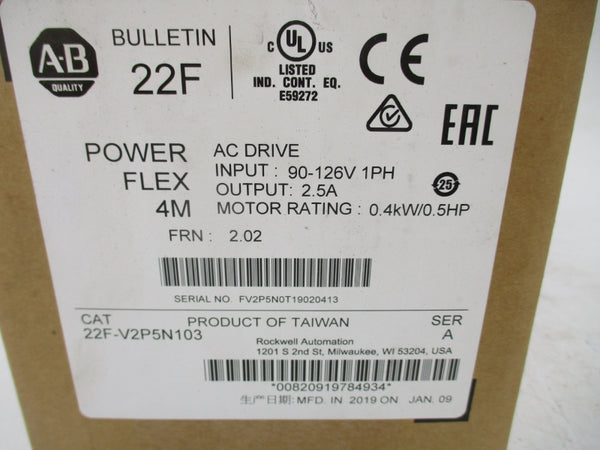 ALLEN BRADLEY 22F-V2P5N103 SER. A F/W 2.02 110-115VAC 9A NSMP