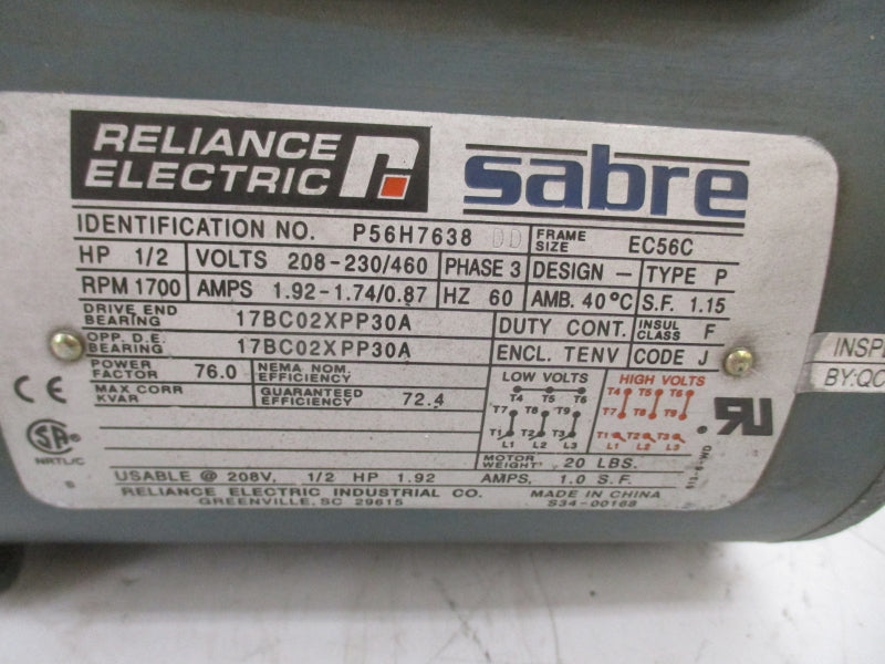 RELIANCE ELECTRIC P56H7638 208-230/460V 1.92-1.74/.87A UNMP