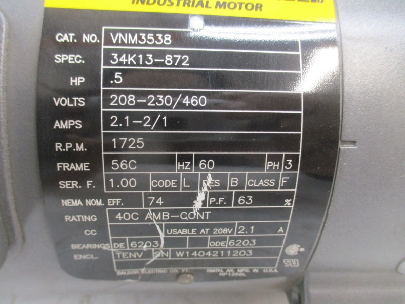 BALDOR VNM3538 34K13-872 SER. F 208-230/460V 2.1-2/1A UNMP