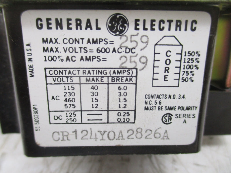 GENERAL ELECTRIC CR124Y0A2826A SER. A 600VAC/DC 259A NSMP