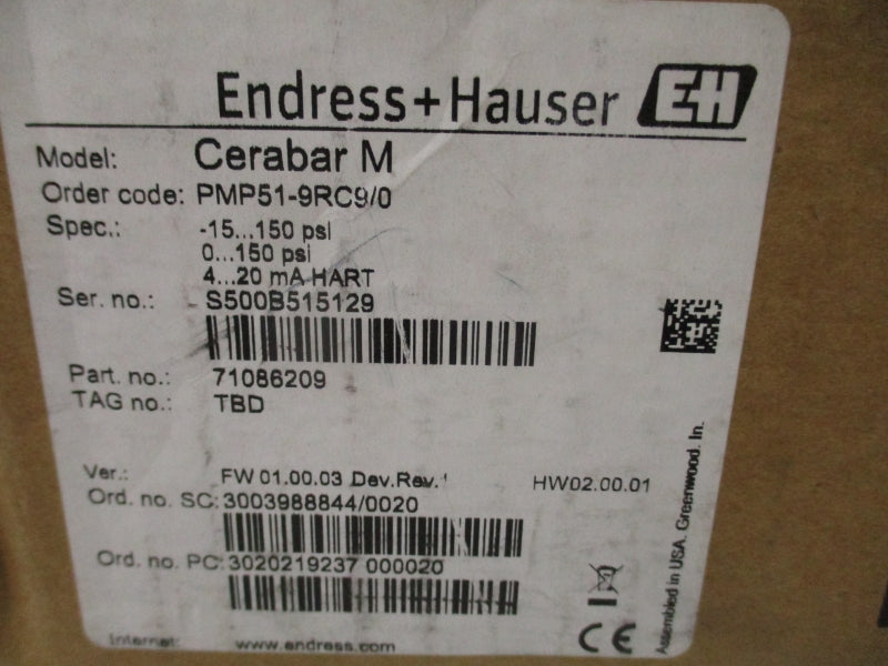 ENDRESS + HAUSER PMP51-9RC9/0 -15-150PSI NSMP