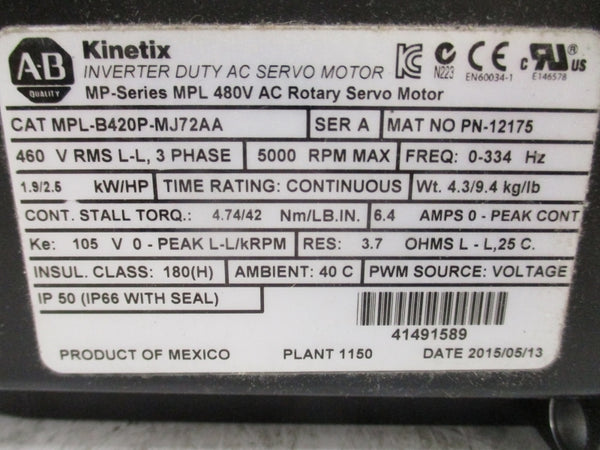 ALLEN BRADLEY MPL-B420P-MJ72AA SER. A 460V 6.4A NSMP