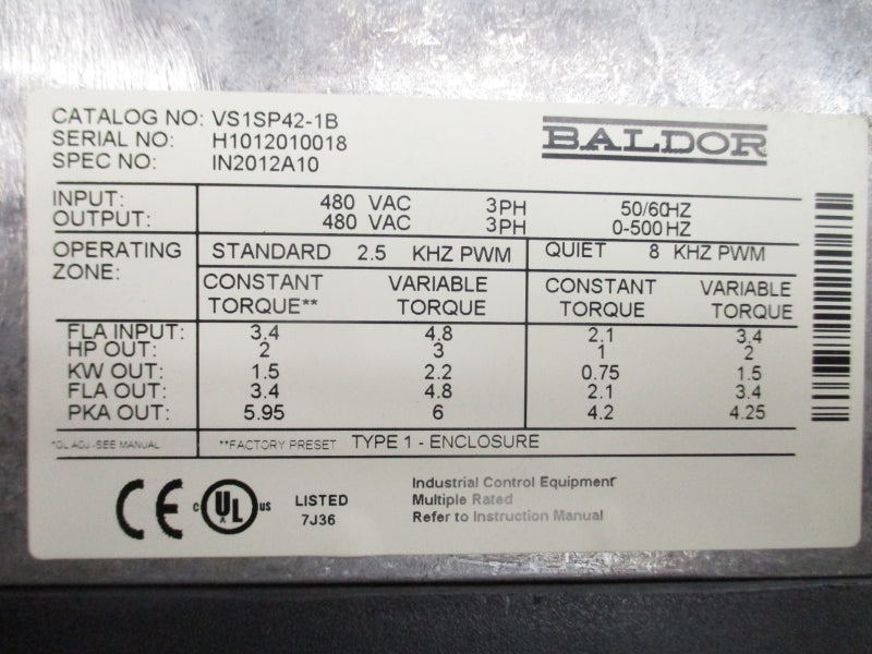 BALDOR VS1SP42-1B IN2012A10 480VAC 6A NSMP