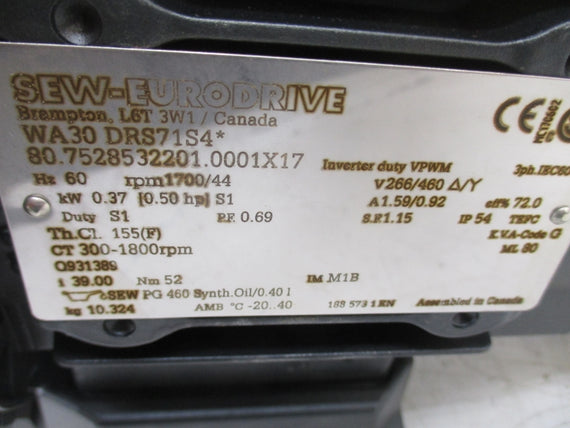 SEW-EURODRIVE WA30 DRS71S4 266/460V 1.59/0.92A NSNP