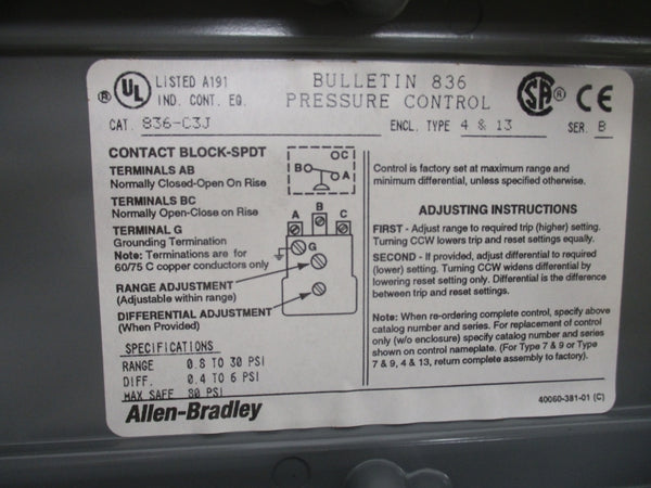 ALLEN BRADLEY 836-C3J SER. B 600V 0.8-30PSI (BR/WH) NSMP