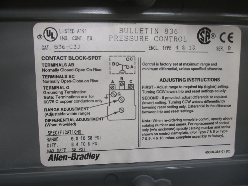 ALLEN BRADLEY 836-C3J SER. B 600V 0.8-30PSI (BR/WH) NSMP