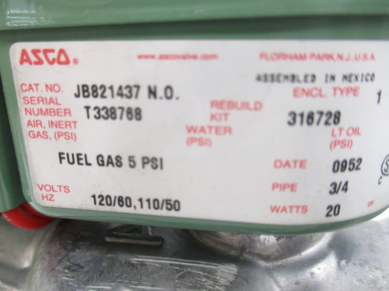 ASCO JB821437 N. O. 110/120V 5PSI 3/4" NSMP