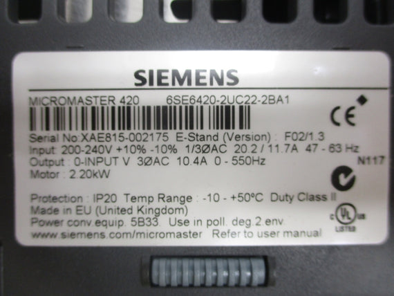SIEMENS 6SE6420-2UC22-2BA1 200-240V 11.7A NSMP