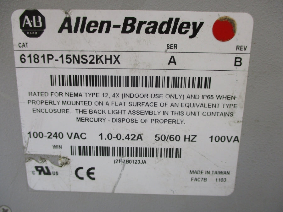 ALLEN BRADLEY 6181P-15NS2KHX 100-240VAC 1.0-0.42A SER. A REV.B UNMP