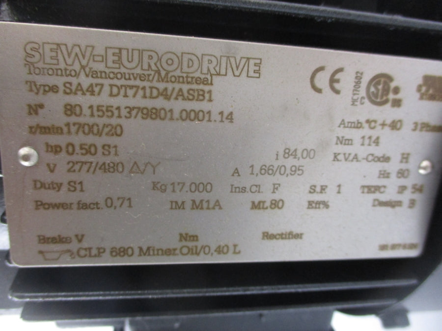 SEW EURODRIVE SA47 DT71D4/ASB1 277-480V 1.66/0.95A UNMP