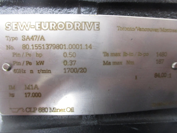 SEW EURODRIVE SA47 DT71D4/ASB1 277-480V 1.66/0.95A UNMP