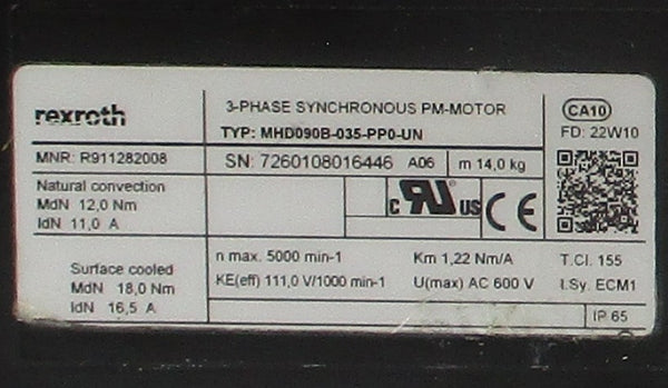 REXROTH R911282008 MHD090B-035-PP0-UN 600V REMAN