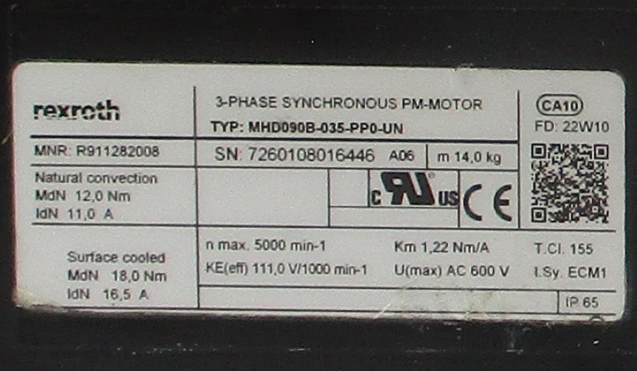 REXROTH R911282008 MHD090B-035-PP0-UN 600V REMAN