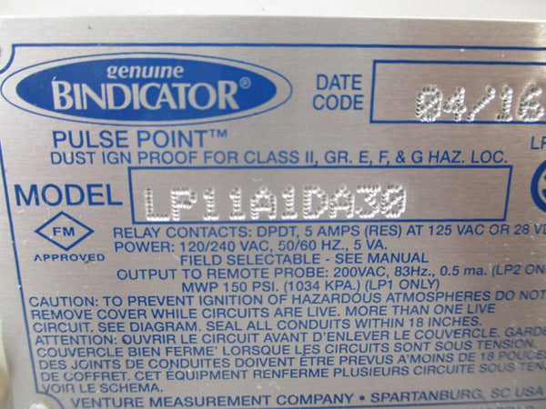 BINDICATOR LP11A1DA30 120/240VAC 5A 150PSI NSMP