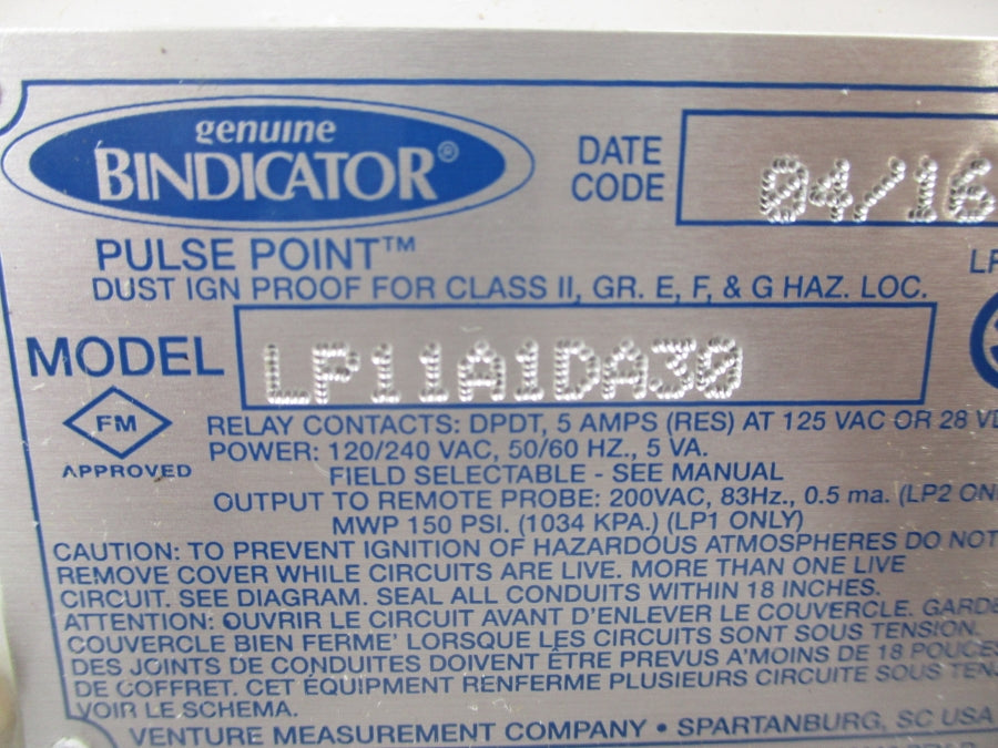 BINDICATOR LP11A1DA30 120/240VAC 5A 150PSI NSMP