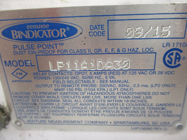 BINDICATOR LP11A1DA30 120/240VAC 5A 150PSI UNMP