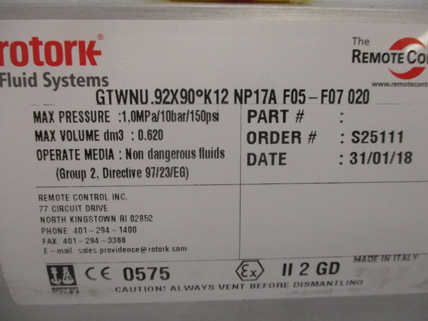 ROTORK GTWNU.92X90-K12 NP17A F05-F07 020 150PSI NSNP
