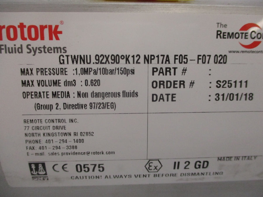 ROTORK GTWNU.92X90-K12 NP17A F05-F07 020 150PSI NSNP