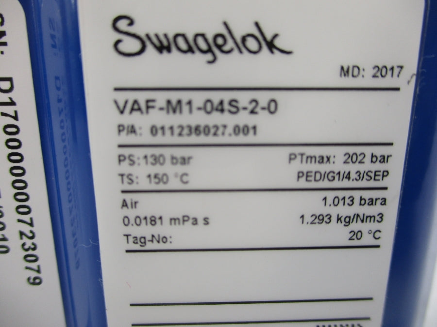 SWAGELOK VAF-M1-04S-2-0 130PSI NSMP