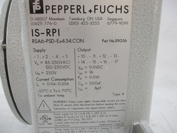 PEPPERL FUCHS RSA6-PSD-EX4.34.CON 39056 85-250VAC 0.9A-0.35A NSNP