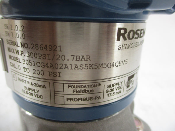 ROSEMOUNT 3051CG4A02A1AS5K5M5Q4Q8V5 10.5-30VDC 0-200PSI NSMP