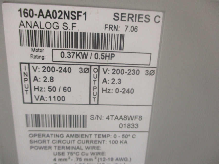 ALLEN BRADLEY 160-AA02NSF1 SER. C 200-240V 2.3A F/W 7.06 (BR/WH) NSMP