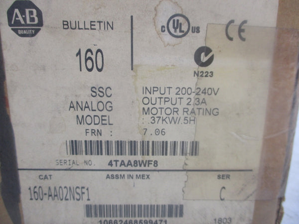 ALLEN BRADLEY 160-AA02NSF1 SER. C 200-240V 2.3A F/W 7.06 (BR/WH) NSMP