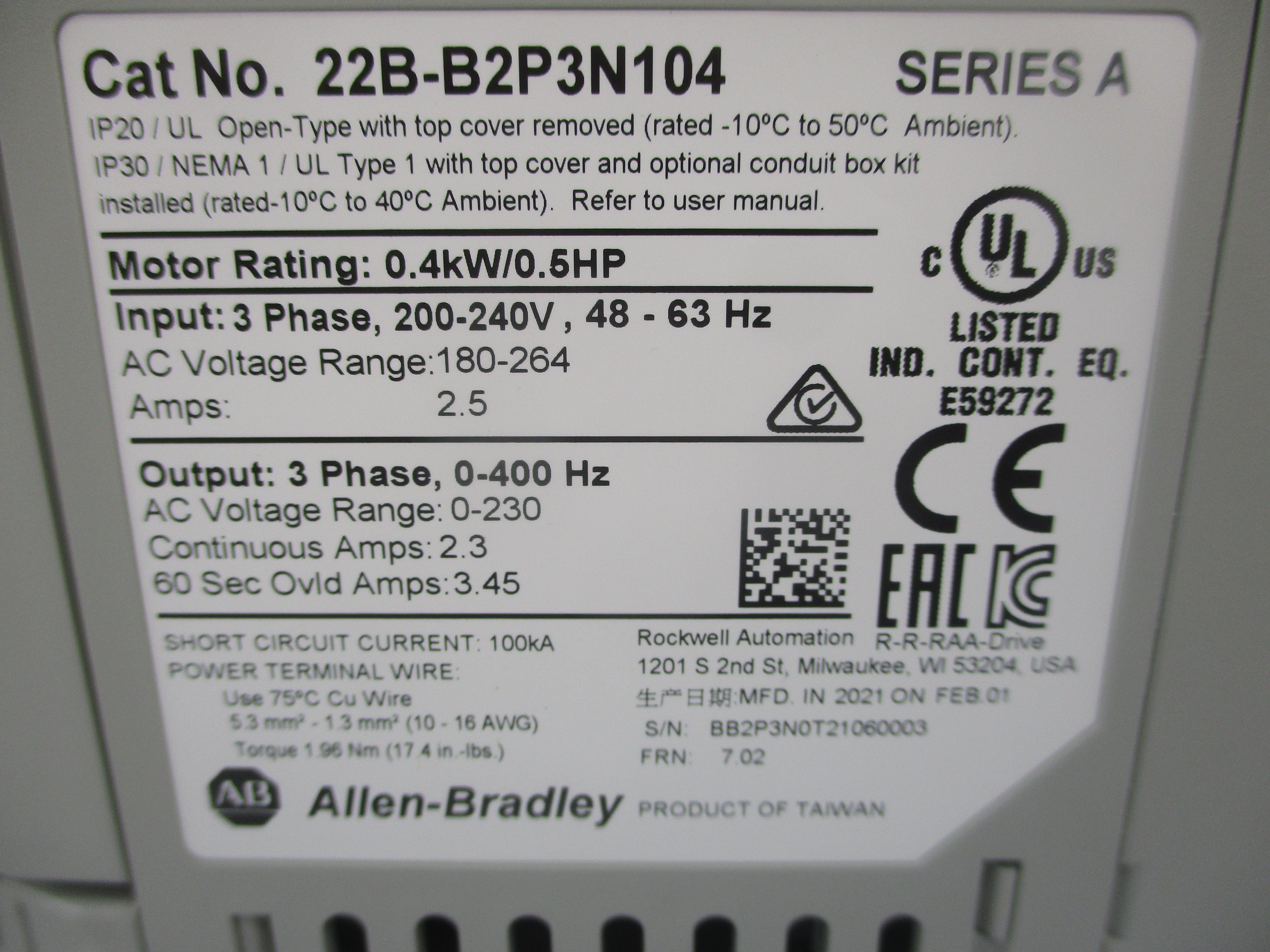 ALLEN BRADLEY 22B-B2P3N104 SER. A 180-264VAC 2.5A F/W 7.02 NSMP