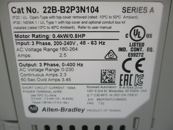 ALLEN BRADLEY 22B-B2P3N104 SER. A 180-264VAC 2.5A F/W 7.02 NSMP