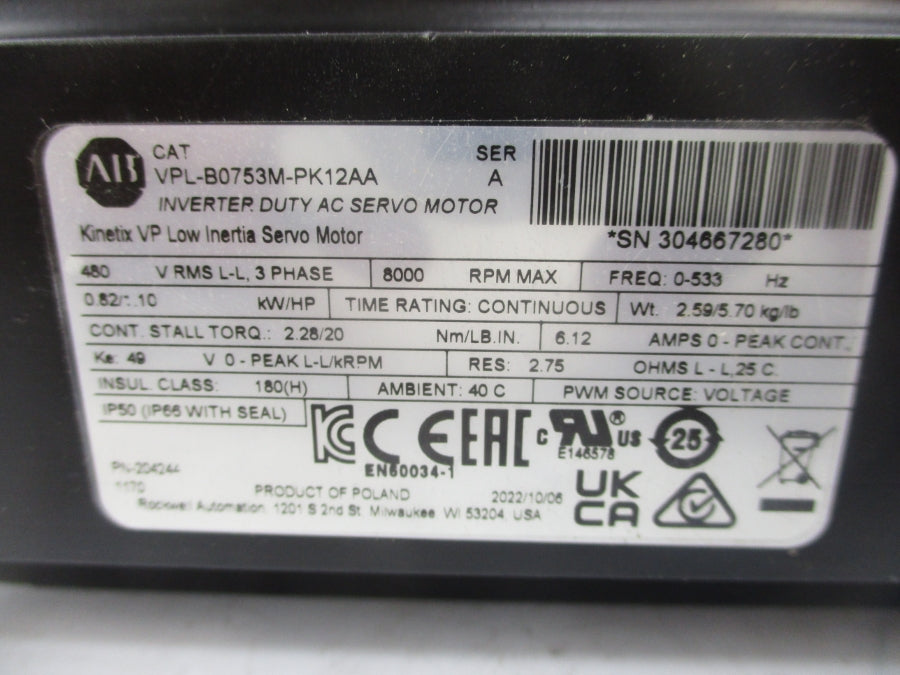 ALLEN BRADLEY VPL-B0753M-PK12AA SER. A 480VAC 6.12A NSMP