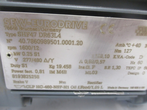 SEW EURODRIVE SHF47DR63L4 277/480V NSNP