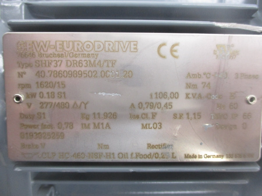 SEW EURODRIVE SHF37DR63M4/TF 277/480V REMAN