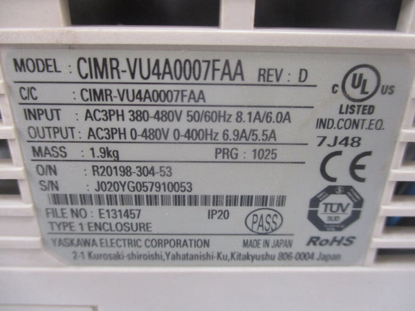 YASKAWA CIMR-VU4A0007FAA REV. D 380-480V 8.1/6.0A NSMP