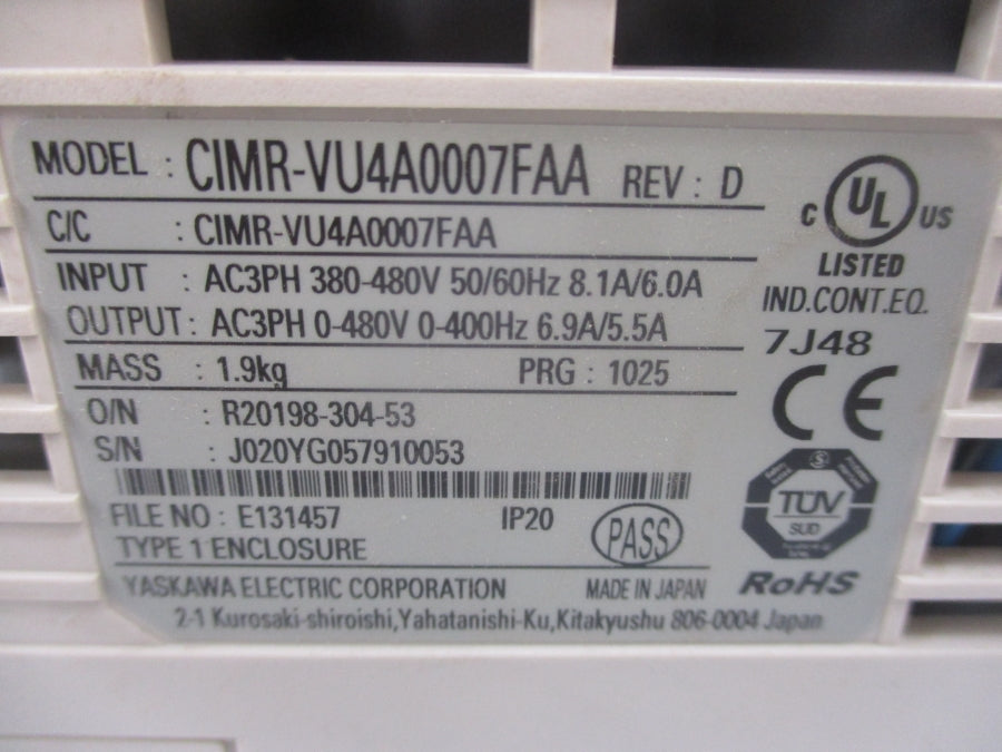 YASKAWA CIMR-VU4A0007FAA REV. D 380-480V 8.1/6.0A NSMP