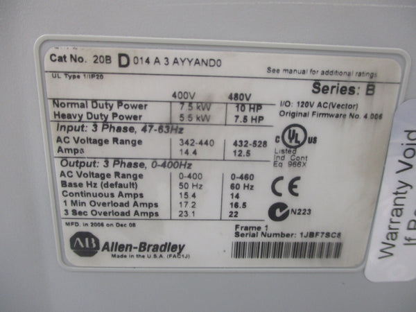ALLEN BRADLEY 20BD014A3AYYAND0 SER. B 342-440V 14.4A F/W 4.006 NSNP