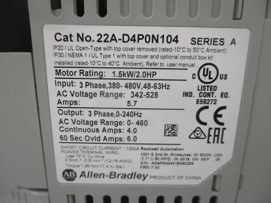 INDUSTRIAL SPARE PART 22A-D4P0N104 SER. A F/W 7.02 342-528VAC 5.7A NSMP