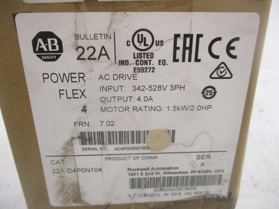 INDUSTRIAL SPARE PART 22A-D4P0N104 SER. A F/W 7.02 342-528VAC 5.7A NSMP