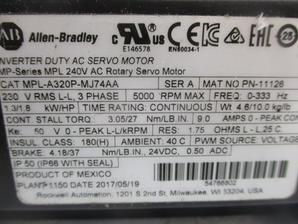INDUSTRIAL SPARE PART MPL-A320P-MJ74AA SER. A 230V 9.0A NSNP