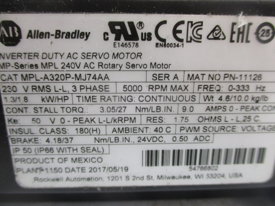 INDUSTRIAL SPARE PART MPL-A320P-MJ74AA SER. A 230V 9.0A NSMP