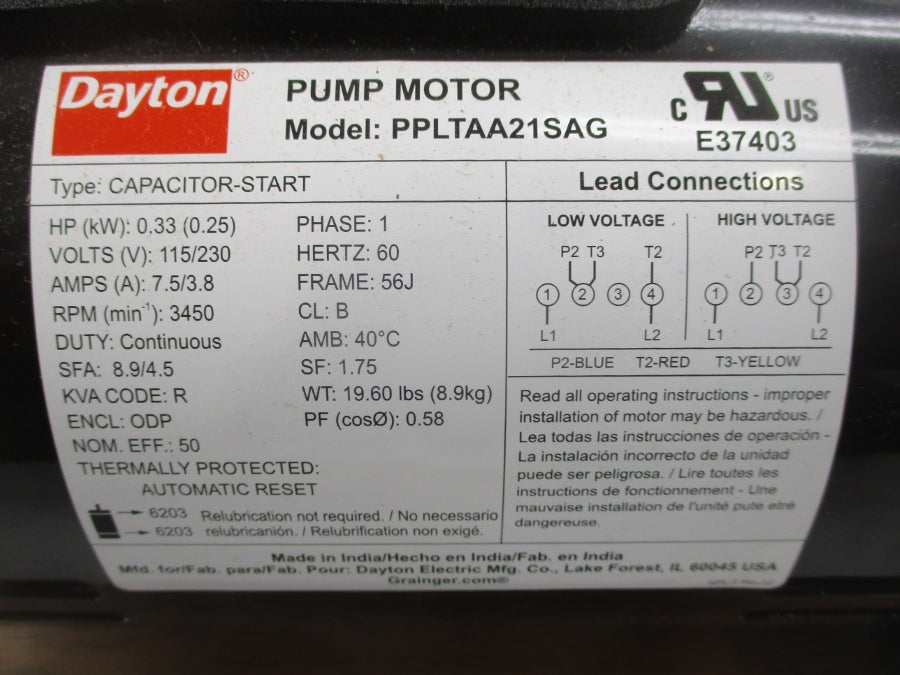 DAYTON 4UA63A PPLTAA21SAG 115/230V 7.5/3.8A NSMP