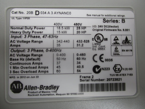 ALLEN BRADLEY 20BD034A3AYNANC0 SER. B 480VAC 34A F/W 9.001 NSMP