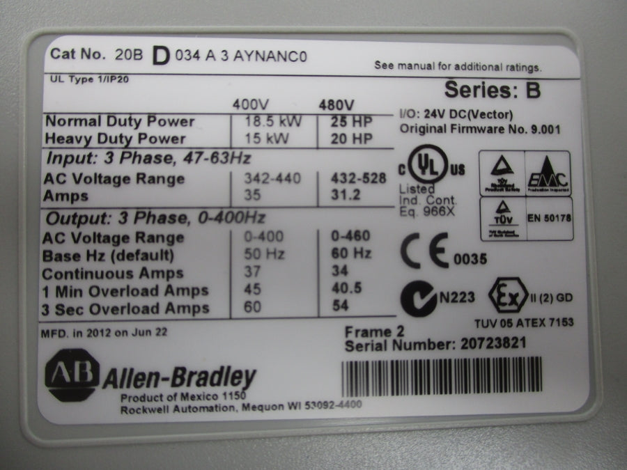 ALLEN BRADLEY 20BD034A3AYNANC0 SER. B 480VAC 34A F/W 9.001 NSMP