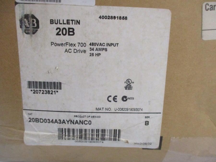 ALLEN BRADLEY 20BD034A3AYNANC0 SER. B 480VAC 34A F/W 9.001 NSMP
