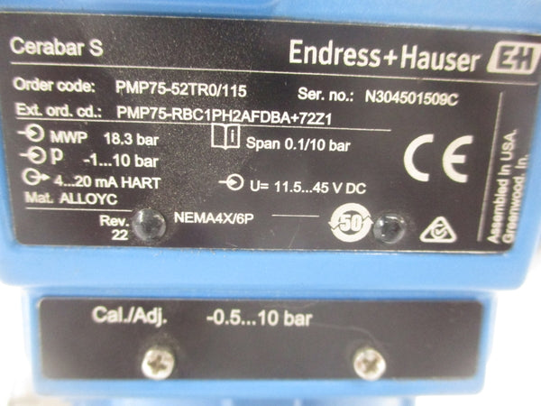 ENDRESS HAUSER PMP75-52TR0/115 11.5-45VDC 14.5-145 PSI UNMP